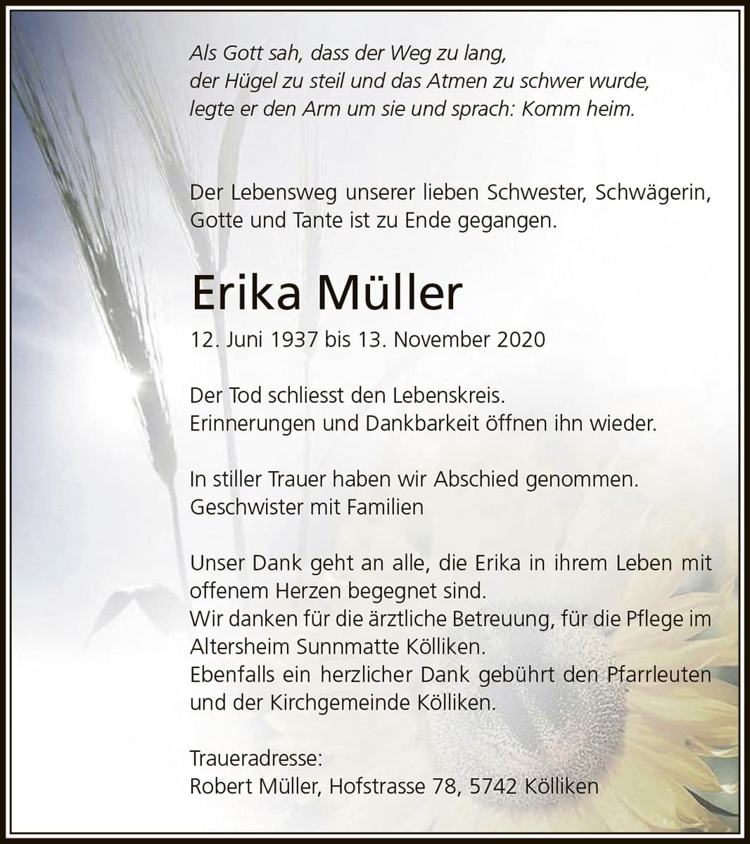Todesanzeige Erika Müller 1937 | Der Landanzeiger