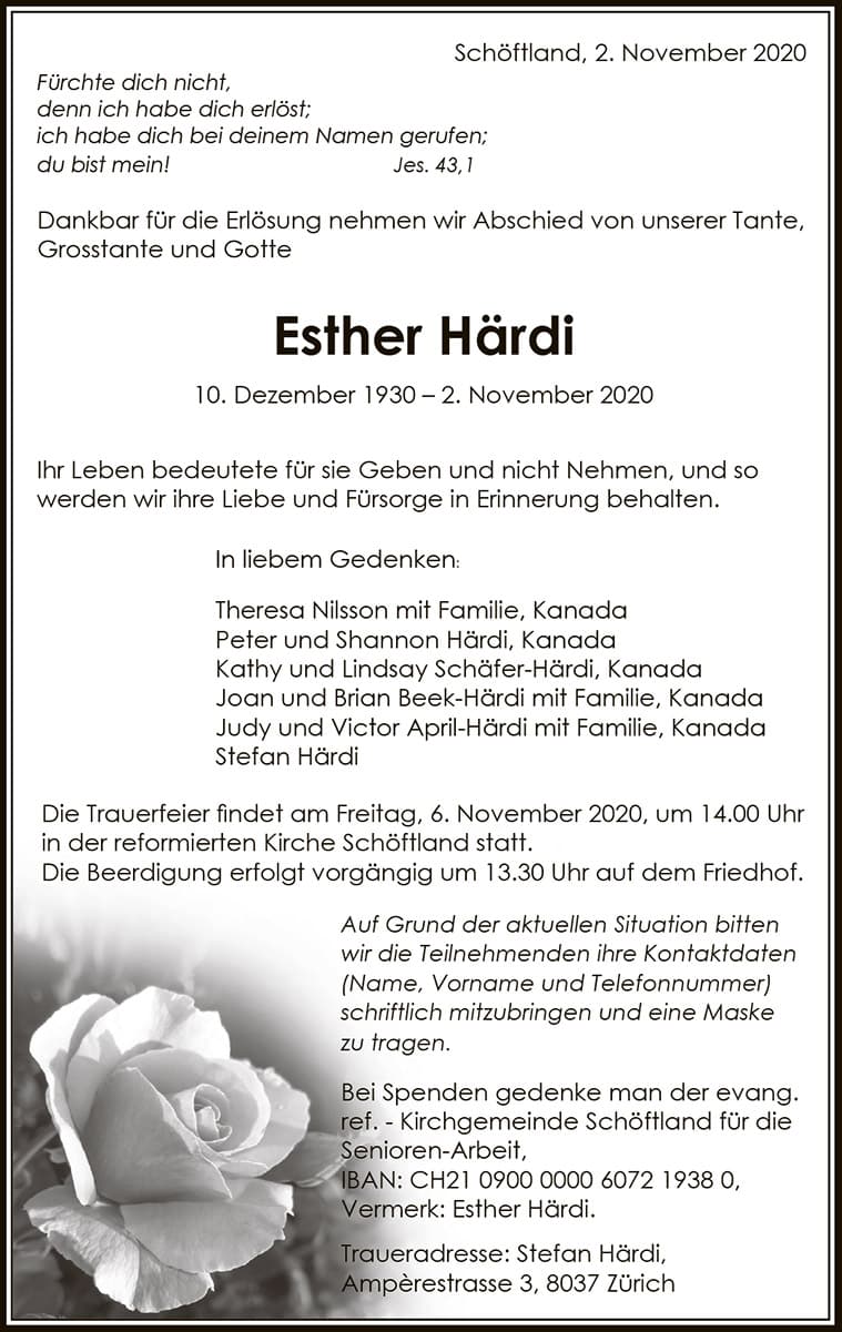 Todesanzeige Esther Härdi 1930 | Der Landanzeiger