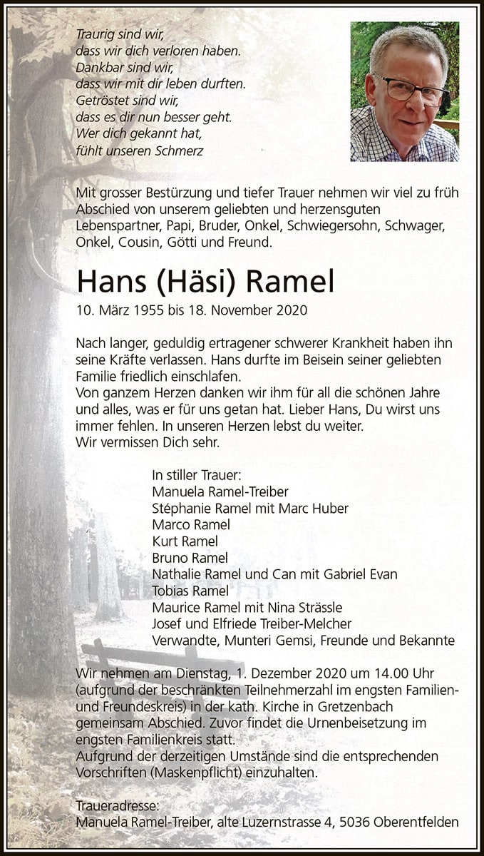 Todesanzeige Hans Ramel 1955 | Der Landanzeiger
