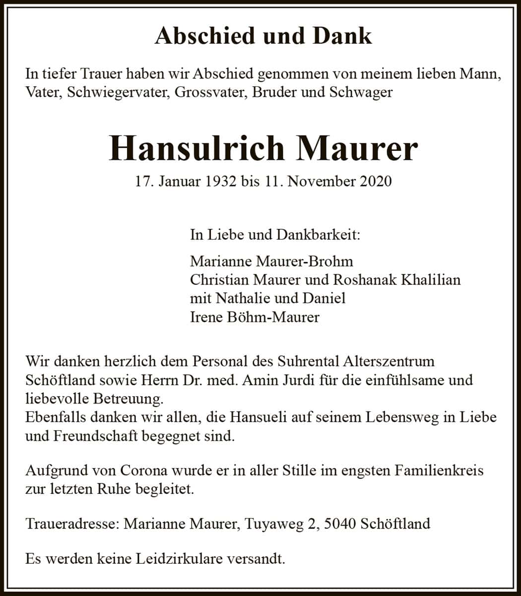 Todesanzeige Hansulrich Maurer 1932 | Der Landanzeiger