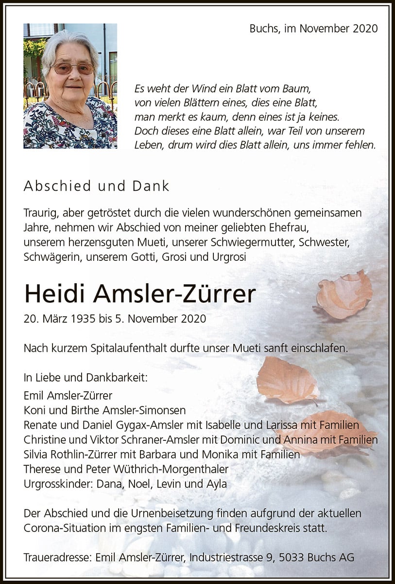 Todesanzeige Heidi Amsler-Zürrer 1935 | Der Landanzeiger