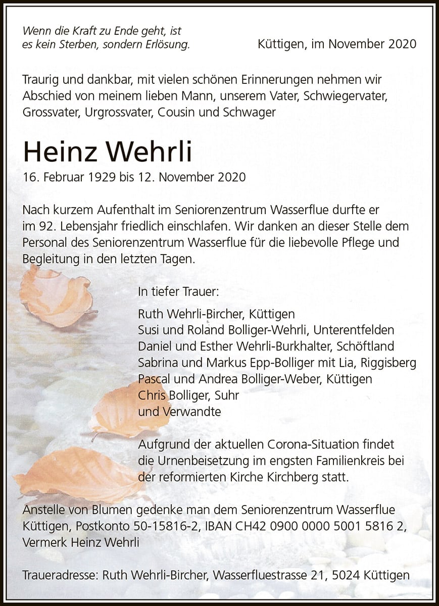 Todesanzeige Heinz Wehrli 1929 | Der Landanzeiger