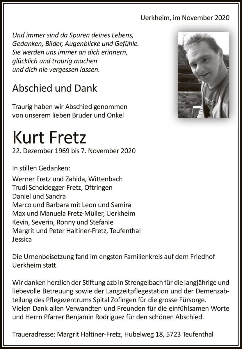 Todesanzeige Kurt Fretz 1969 | Der Landanzeiger