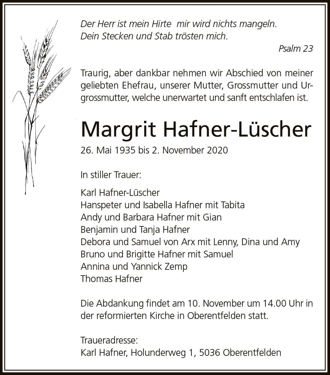 Todesanzeige Margrit Hafner-Lüscher 1935 | Der Landanzeiger