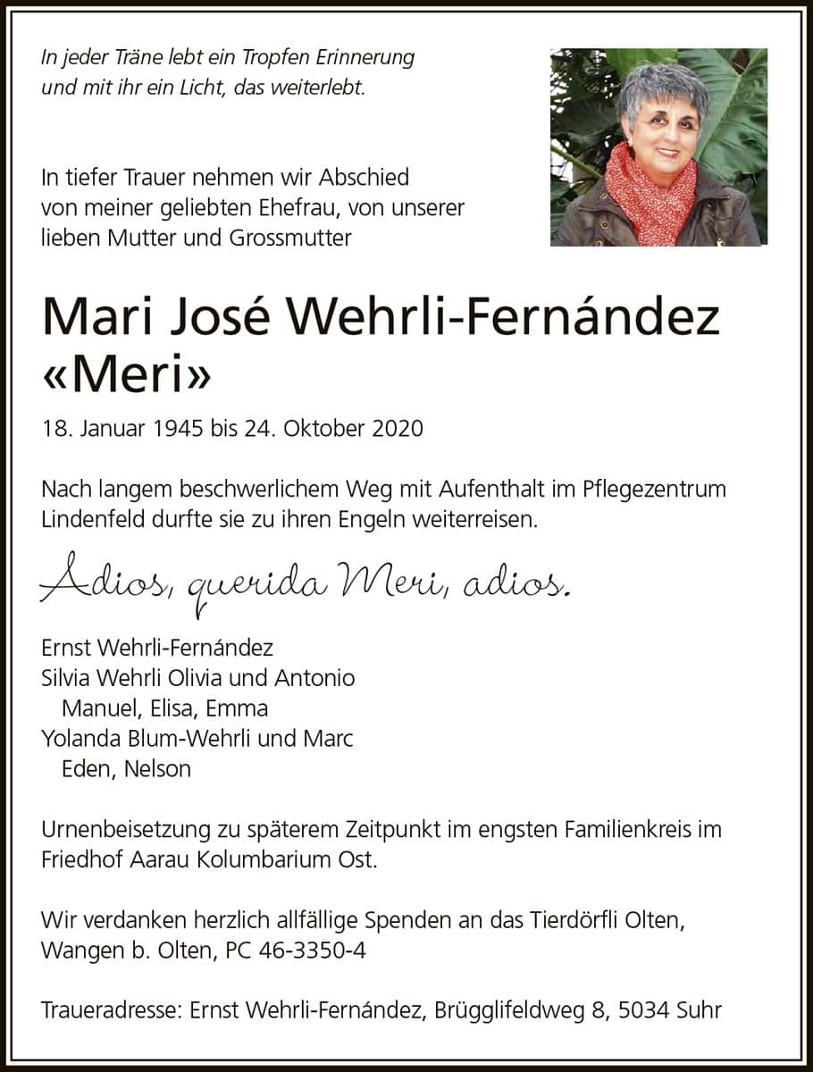 Todesanzeige Mari José Wehrli-Fernández «Meri» 1945 | Der Landanzeiger