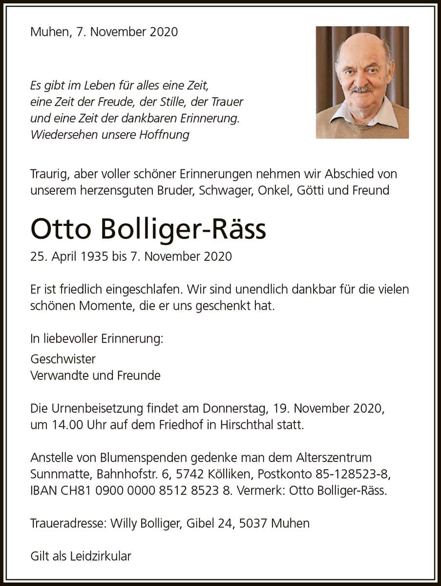Todesanzeige Otto Bolliger-Räss 1935 | Der Landanzeiger