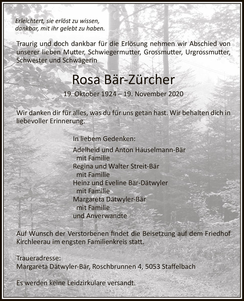 Todesanzeige Rosa Bär-Zürcher 1924 | Der Landanzeiger