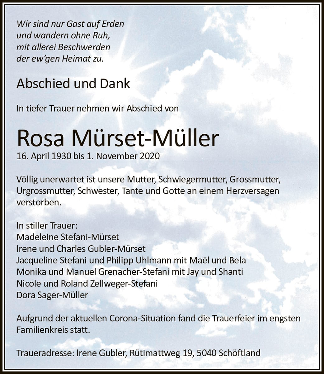 Todesanzeige Rosa Mürset-Müller 1930 | Der Landanzeiger