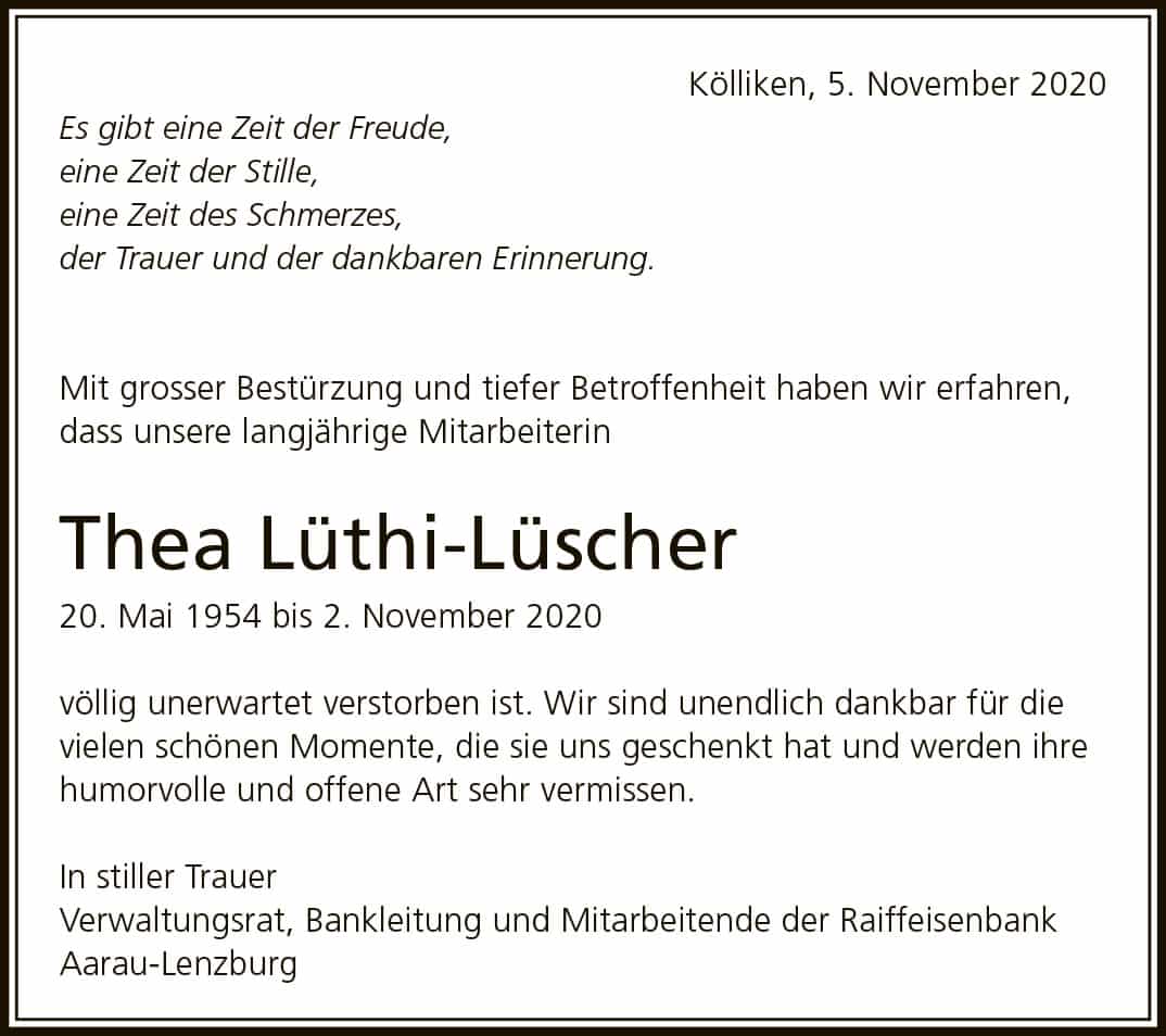 Todesanzeige Thea Lüthi-Lüscher 1954 | Der Landanzeiger