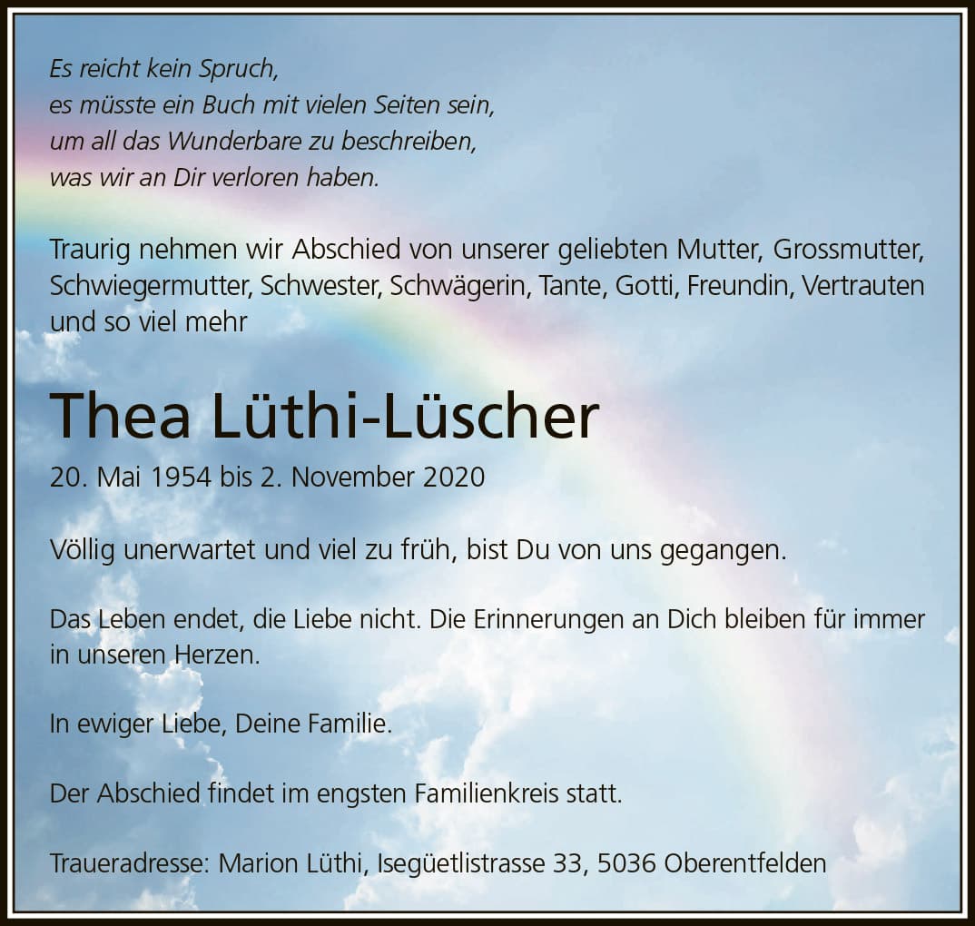 Todesanzeige Thea Lüthi-Lüscher 1954 | Der Landanzeiger