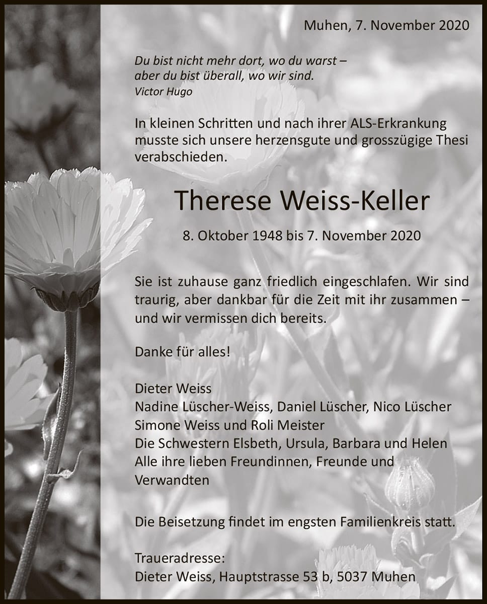 Todesanzeige Therese Weiss-Keller 1948 | Der Landanzeiger