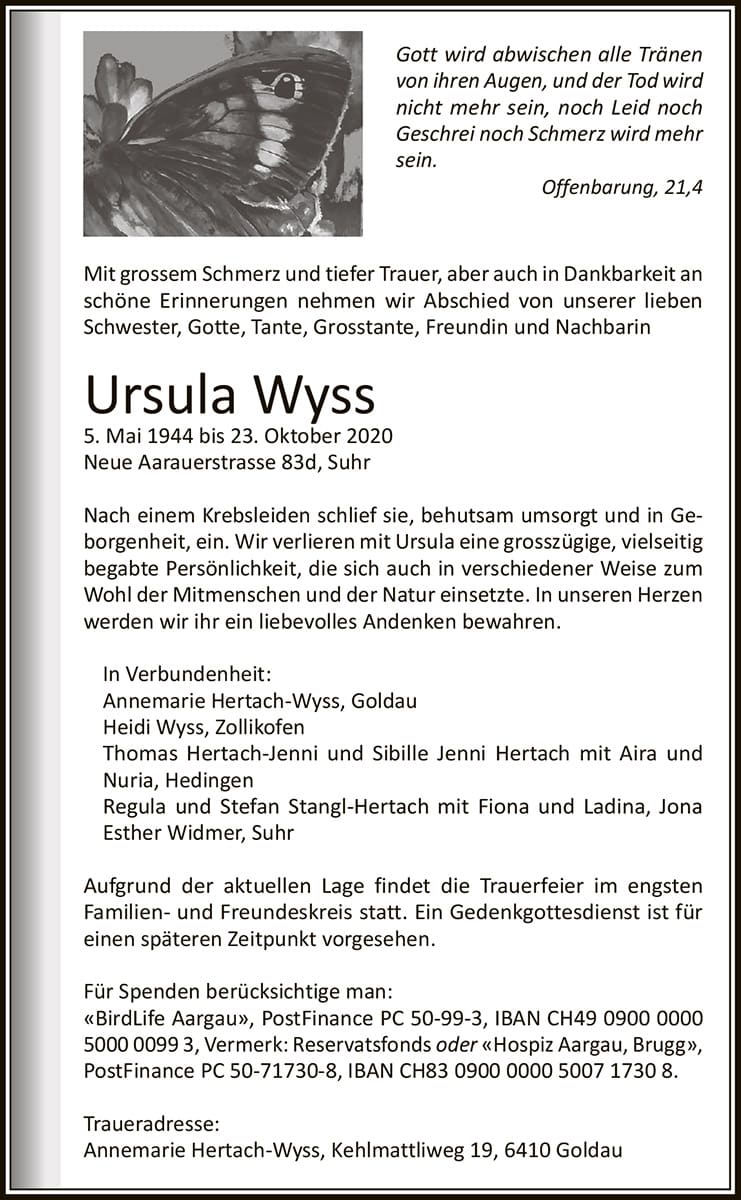 Todesanzeige Ursula Wyss 1944 | Der Landanzeiger