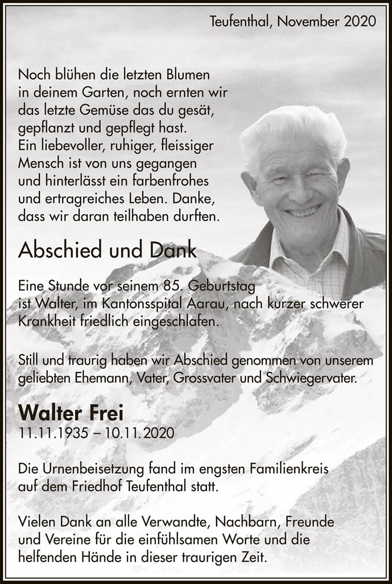 Todesanzeige Walter Frei 1935 | Der Landanzeiger