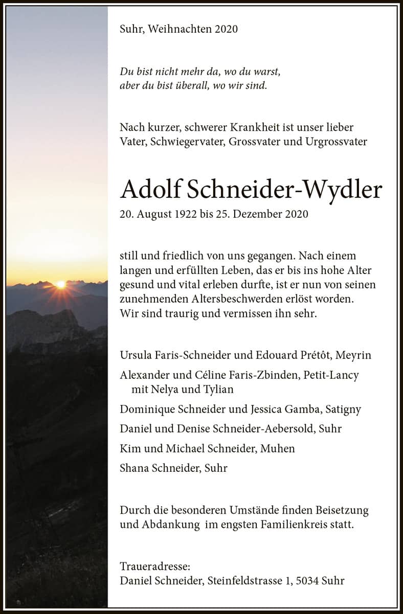 Todesanzeige Adolf Schneider-Wydler 1922 | Der Landanzeiger