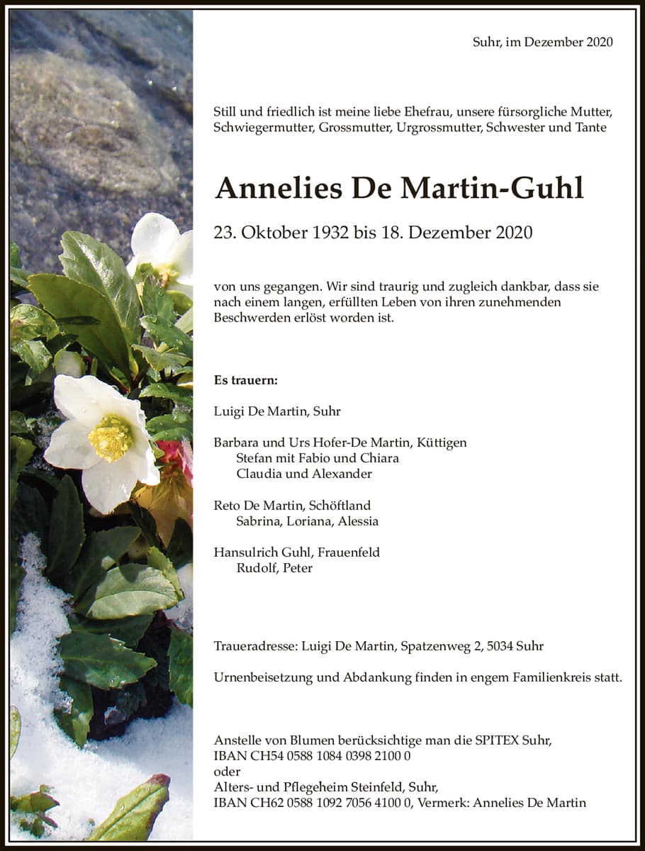 Todesanzeige Annelies De Martin-Guhl 1932 | Der Landanzeiger