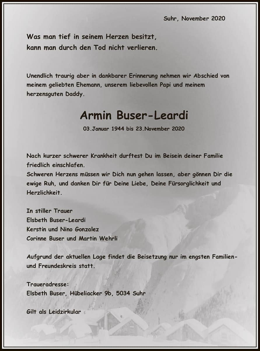Todesanzeige Armin Buser-Leardi 1944 | Der Landanzeiger