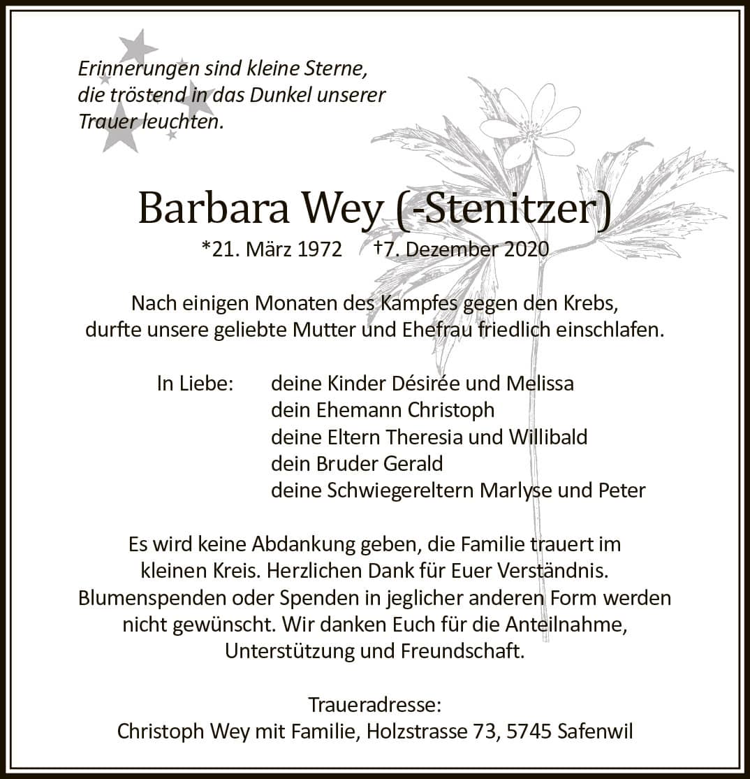 Todesanzeige Barbara Wey-Stenitzer 1972 | Der Landanzeiger