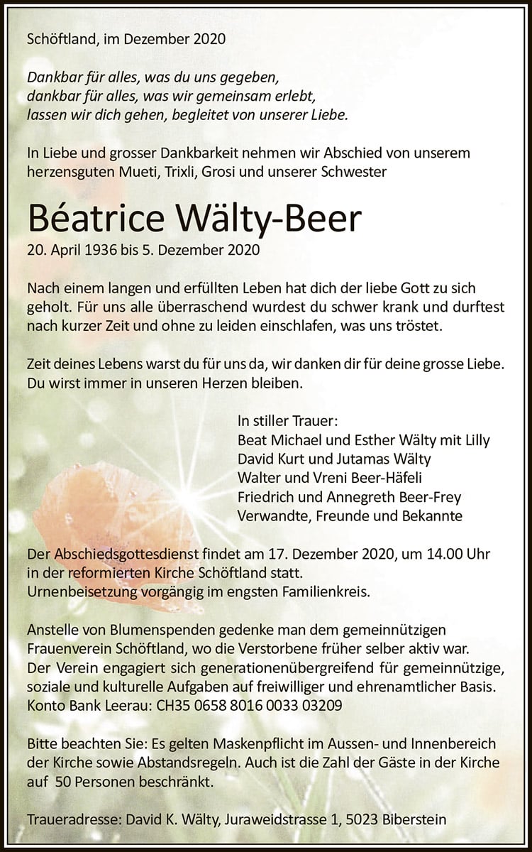Todesanzeige Beatrice Waelty-Beer 1936 | Der Landanzeiger
