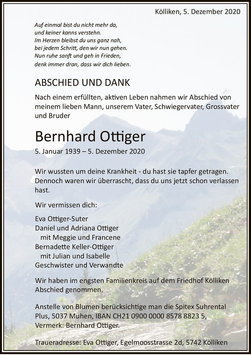 Todesanzeige Bernhard Ottiger 1939 | Der Landanzeiger