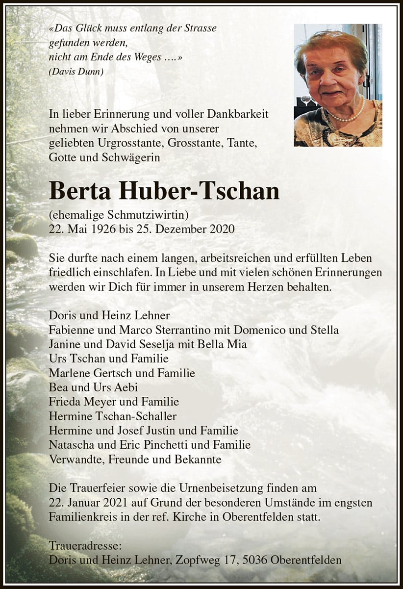 Todesanzeige Berta Huber-Tschan 1926 | Der Landanzeiger