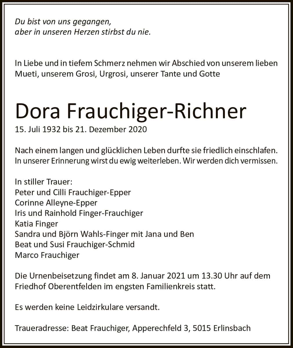 Todesanzeige Dora Frauchiger-Richner 1932 | Der Landanzeiger