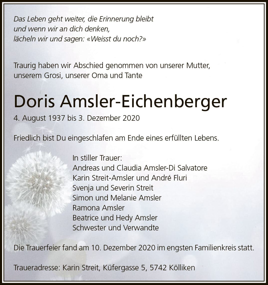 Todesanzeige Doris Amsler-Eichenberger 1937 | Der Landanzeiger