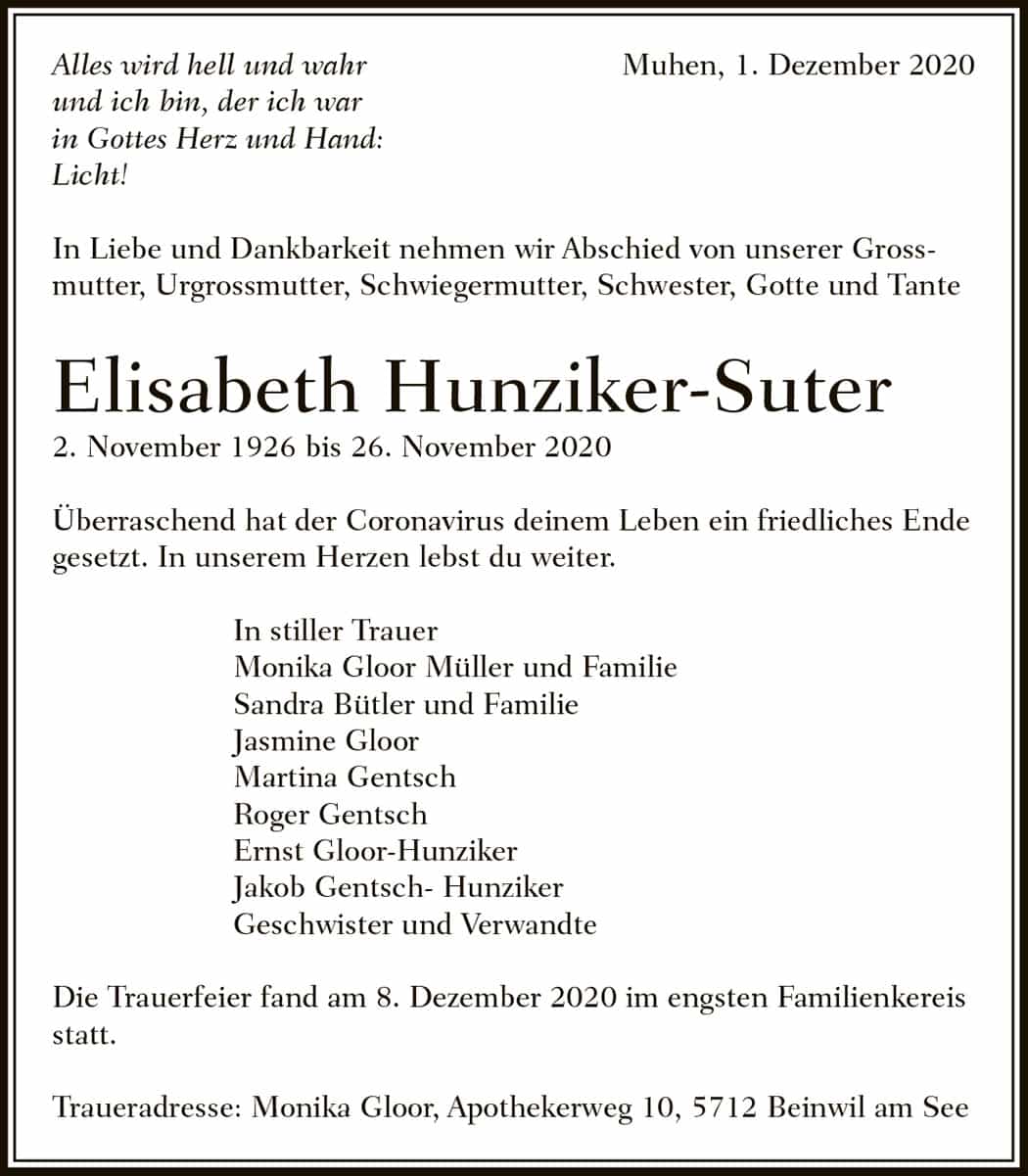 Todesanzeige Elisabeth Hunziker-Suter 1926 | Der Landanzeiger