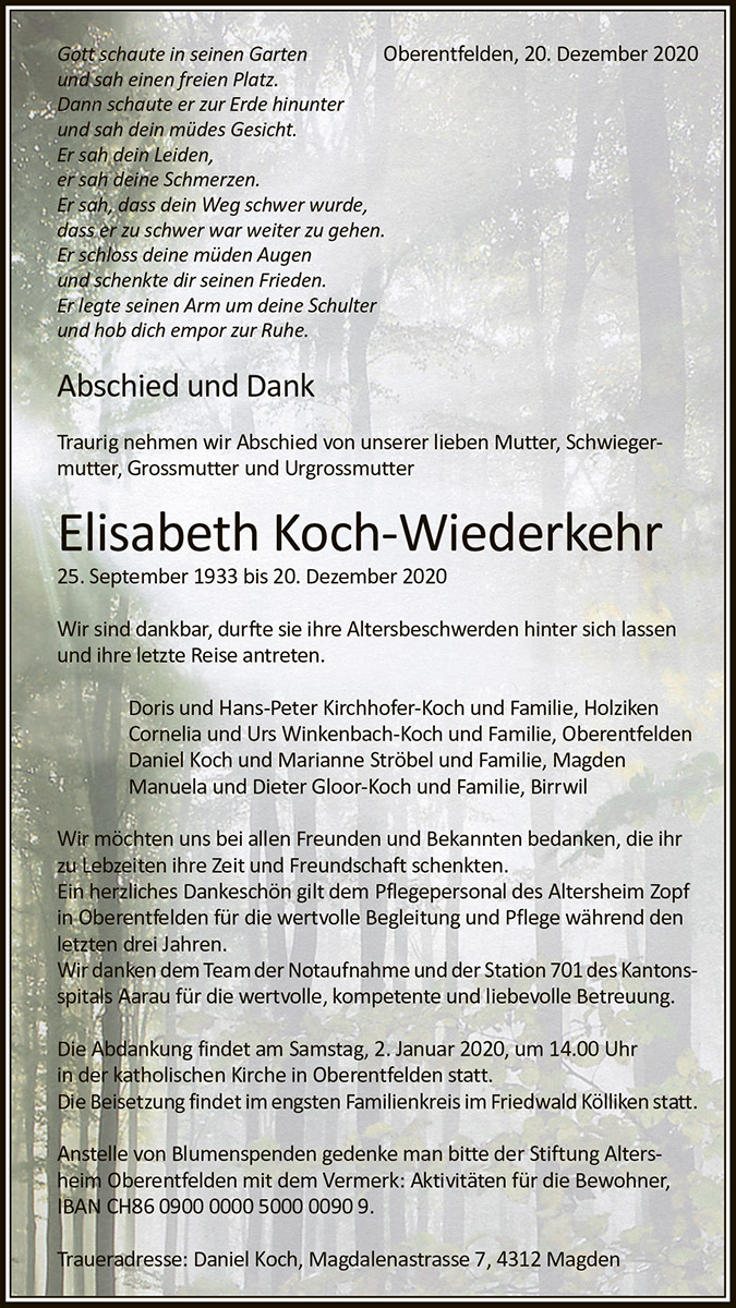 Todesanzeige ElisabethKoch-Wiederkehr 1933 | Der Landanzeiger