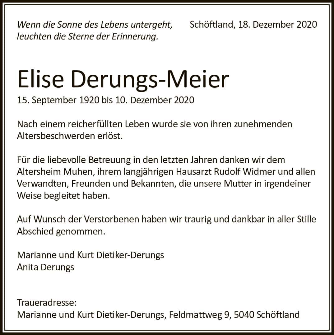 Todesanzeige Elise Derungs-Meier 1920 | Der Landanzeiger