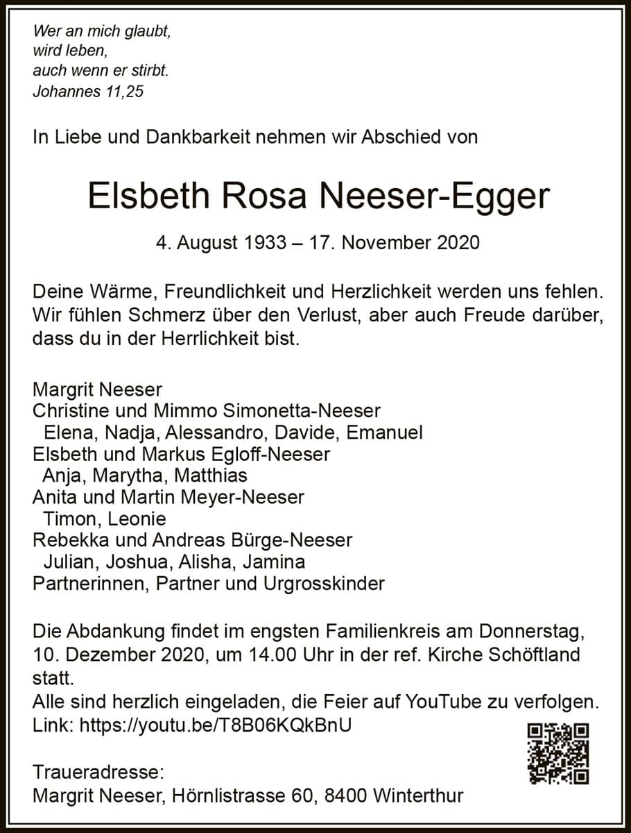 Todesanzeige Elsbeth Rosa Neeser-Egger 1933 | Der Landanzeiger