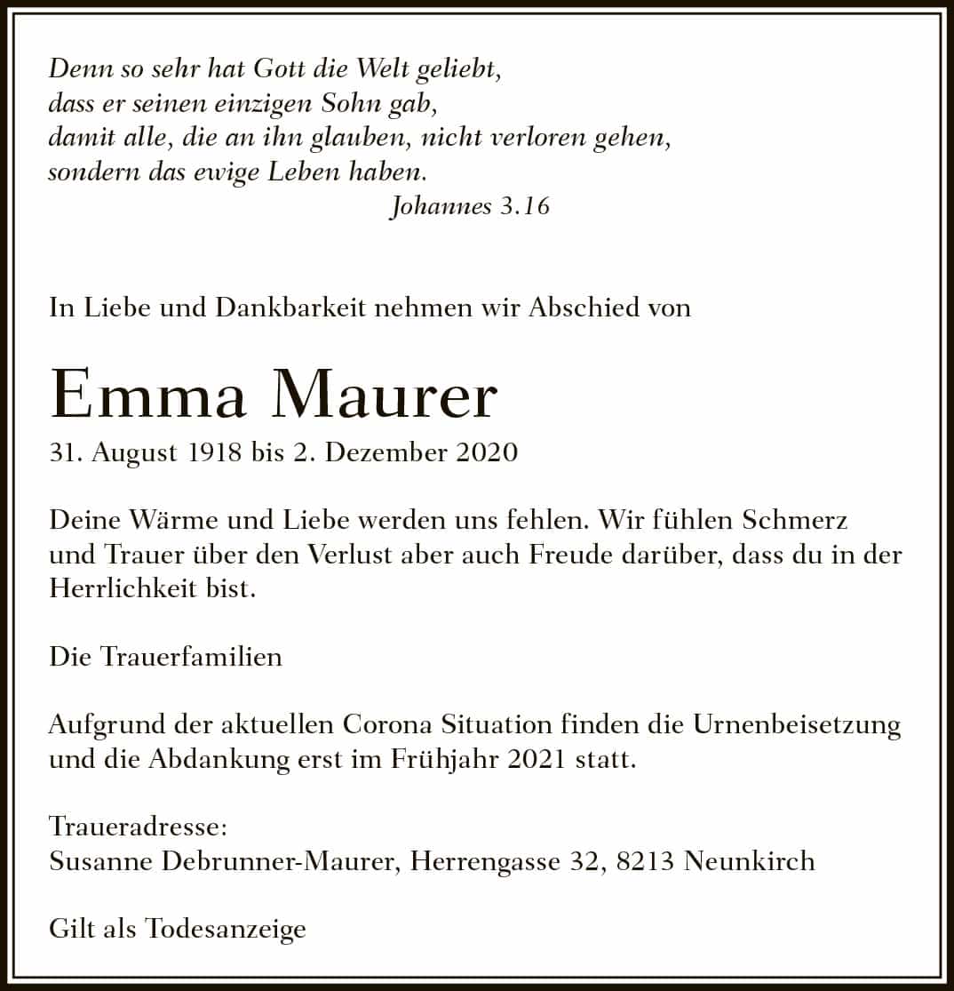 Todesanzeige Emma Maurer 1918 | Der Landanzeiger