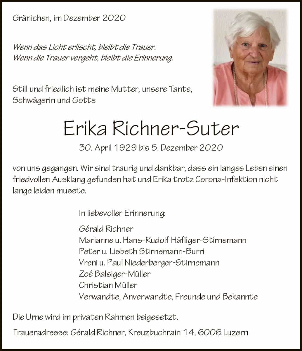 Todesanzeige Erika Richner-Suter 1929 | Der Landanzeiger