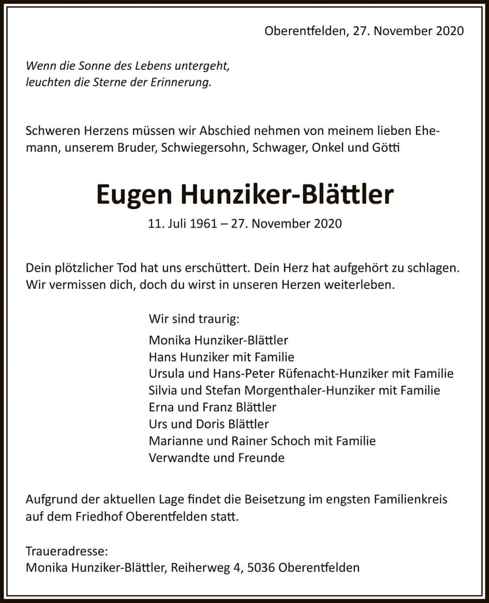 Todesanzeige Eugen Hunziker-Blättler 1961 | Der Landanzeiger