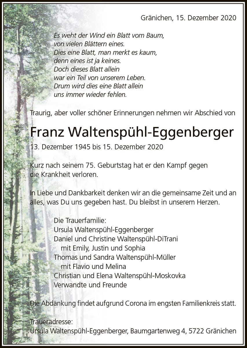 Todesanzeige Franz Waltenspühl-Eggenberger 1945 | Der Landanzeiger