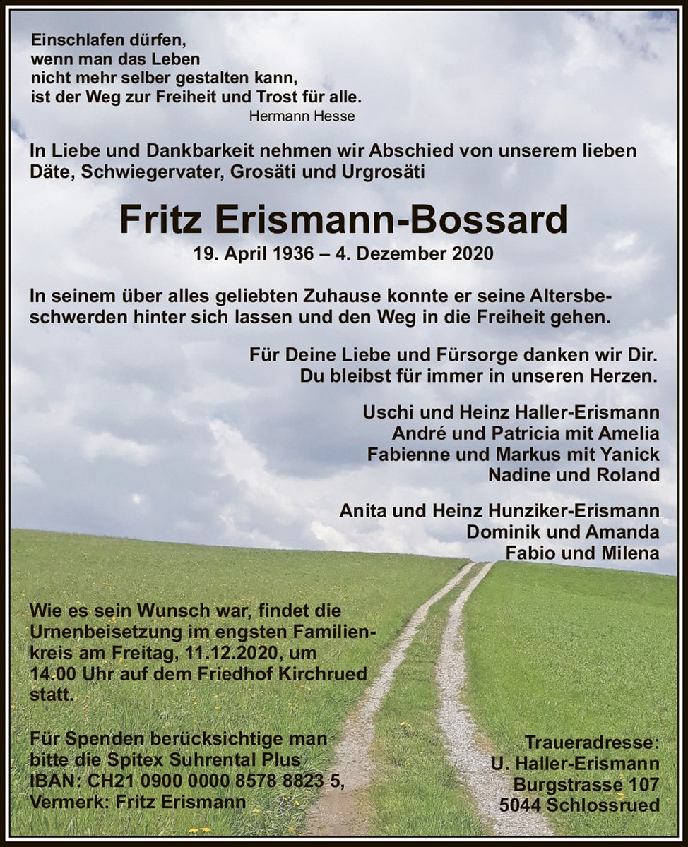 Todesanzeige Fritz Erismann-Bossard 1936 | Der Landanzeiger