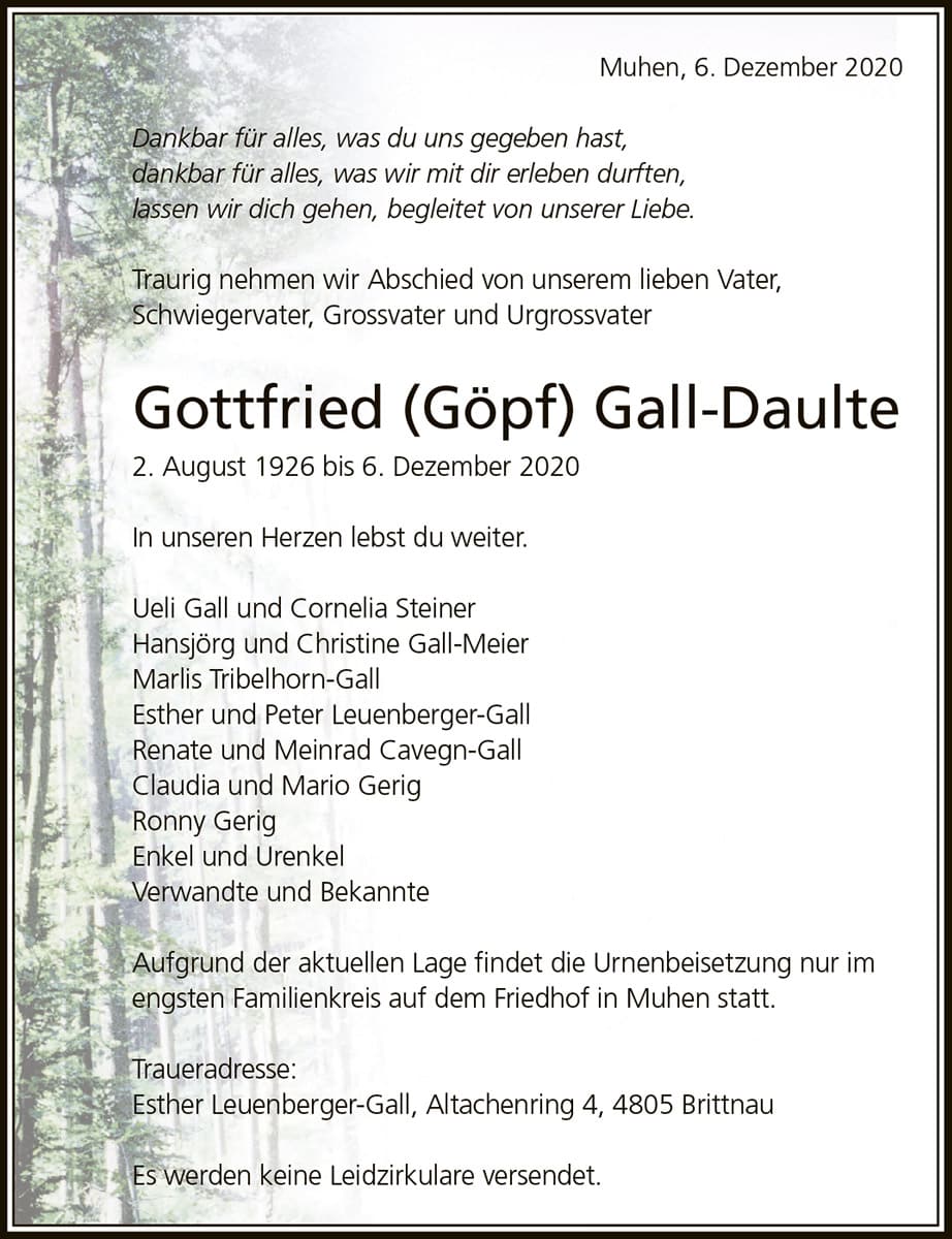 Todesanzeige Gottfried Gall-Daulte 1926 | Der Landanzeiger