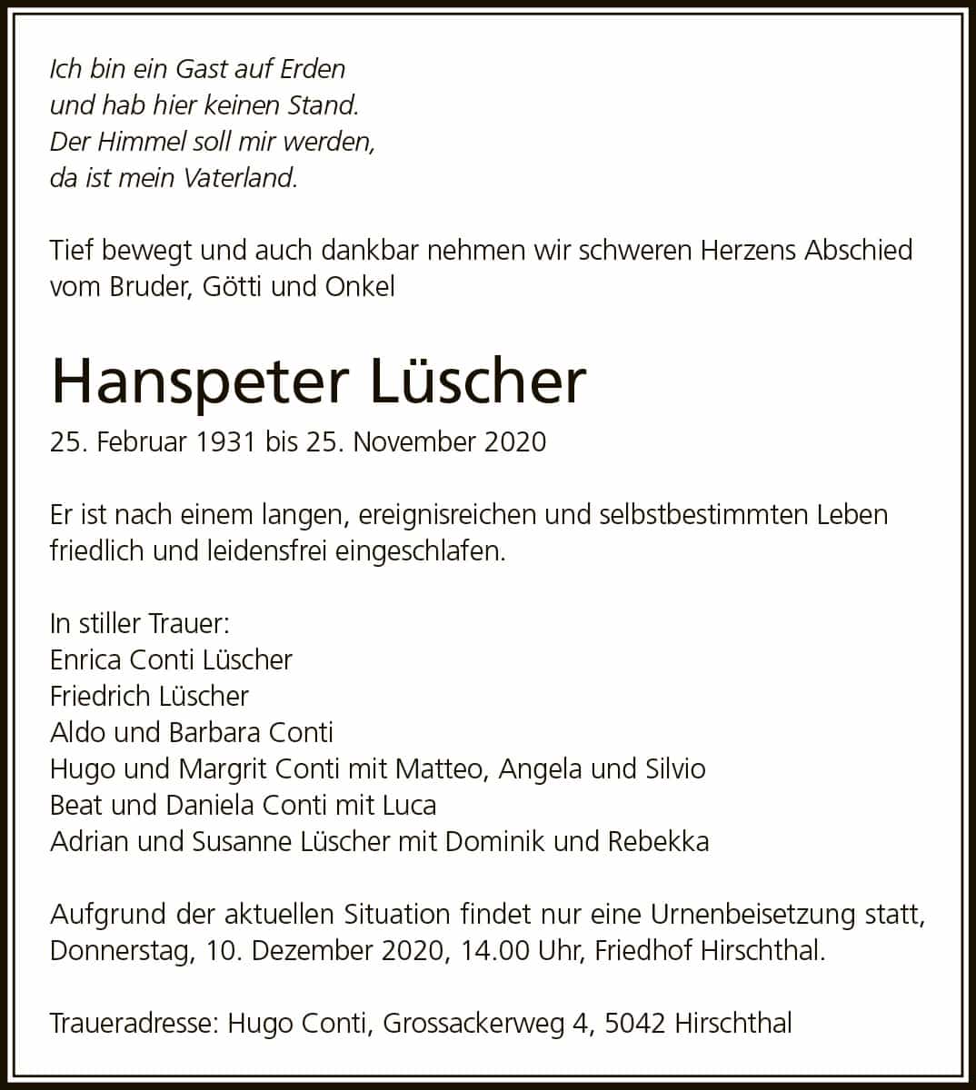 Todesanzeige Hanspeter Lüscher 1931 | Der Landanzeiger
