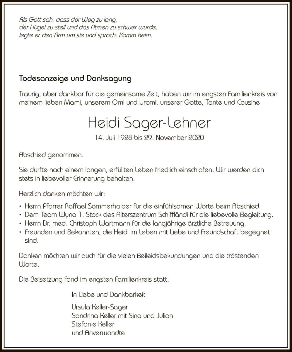 Todesanzeige Heidi Sager-Lehner 1928 | Der Landanzeiger