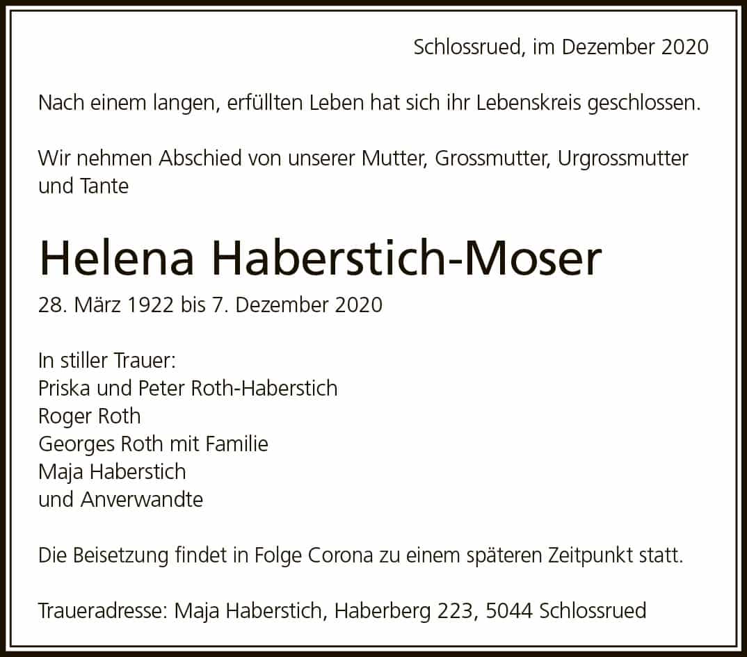 Todesanzeige Helena Haberstich-Moser 1922 | Der Landanzeiger