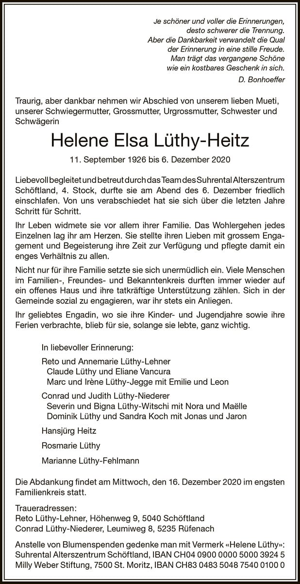 Todesanzeige Helene Elsa Luethy-Heitz 1926 | Der Landanzeiger