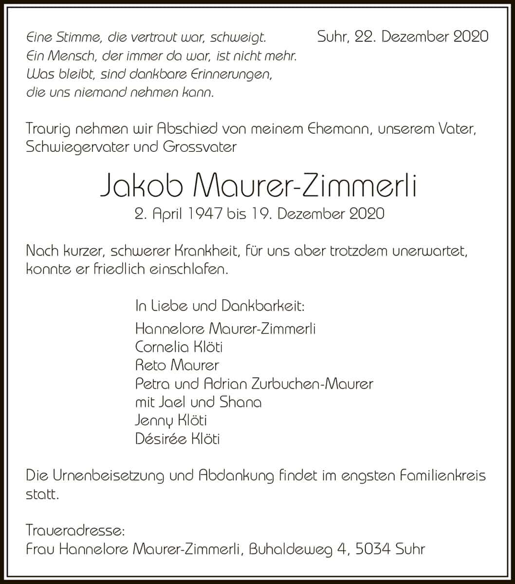 Todesanzeige Jakob Maurer-Zimmerli 1947 | Der Landanzeiger