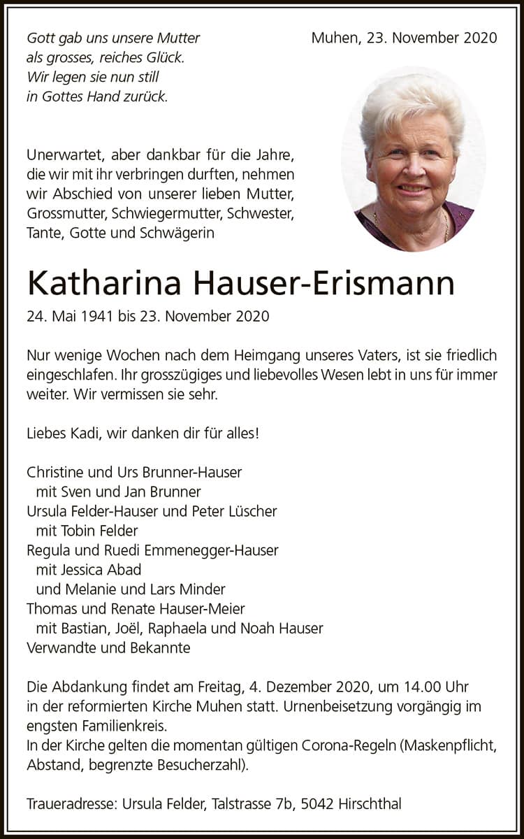 Todesanzeige Katharina Hauser-Erismann 1941 | Der Landanzeiger