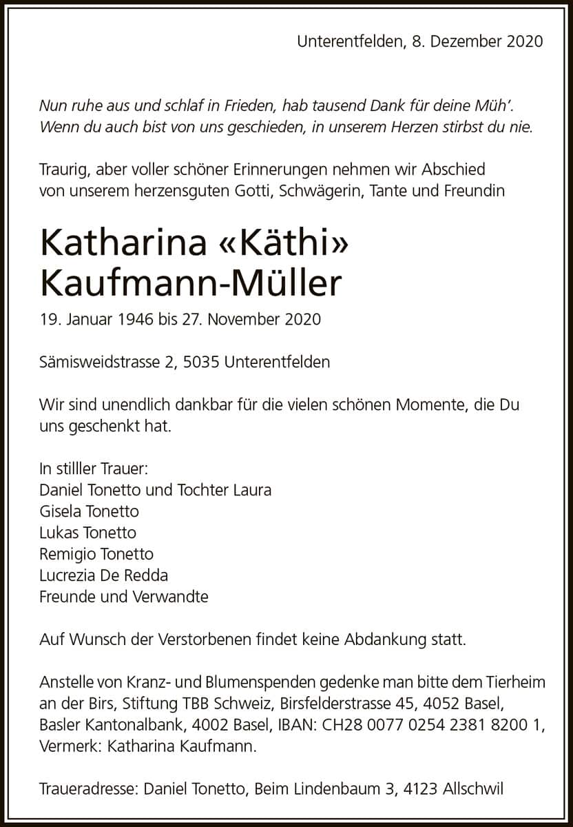 Todesanzeige Katharina Kaufmann-Mueller 1946 | Der Landanzeiger