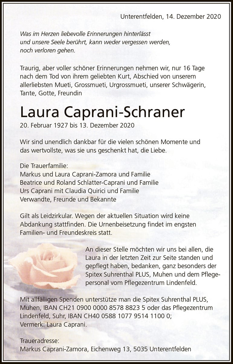 Todesanzeige Laura Caprani-Schraner 1927 | Der Landanzeiger