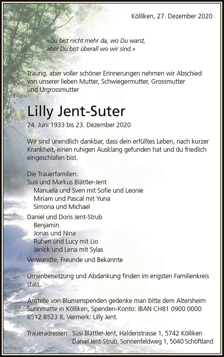 Todesanzeige Lilly Jent-Suter 1933 | Der Landanzeiger