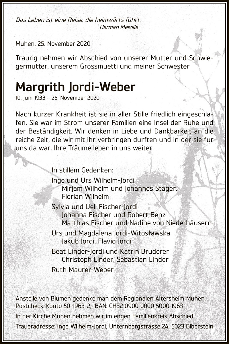 Todesanzeige Margrith Jordi-Weber 1933 | Der Landanzeiger
