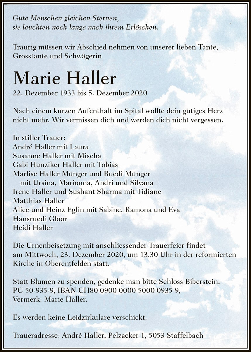 Todesanzeige Marie Haller 1933 | Der Landanzeiger
