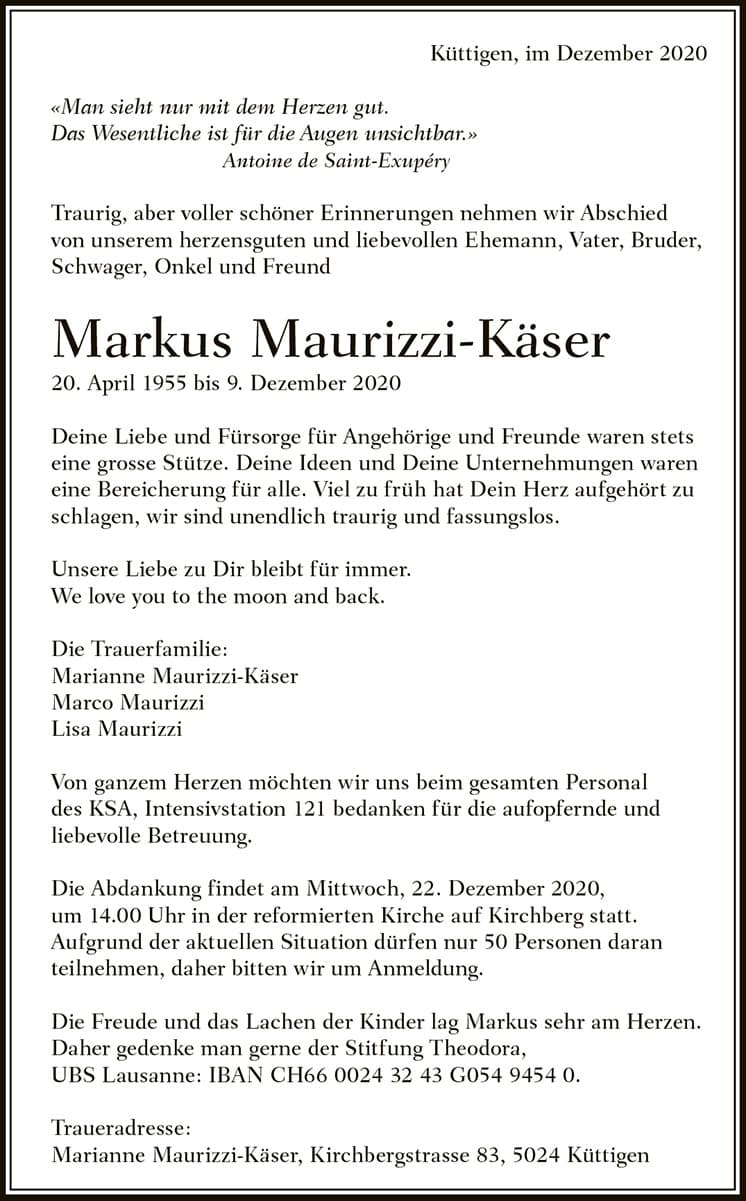Todesanzeige Markus Maurizzi-Käser 1955 | Der Landanzeiger