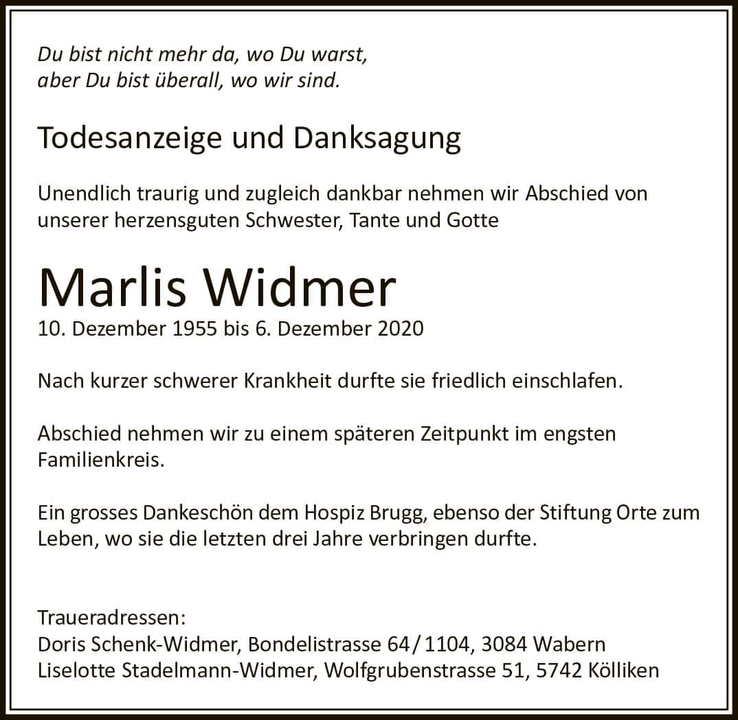 Todesanzeige Marlis Widmer 1955 | Der Landanzeiger