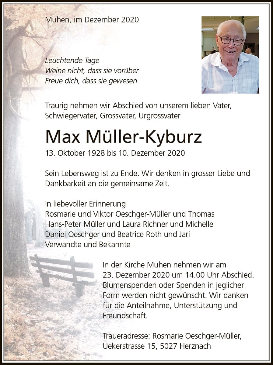 Todesanzeige Max Müller-Kyburz 1928 | Der Landanzeiger